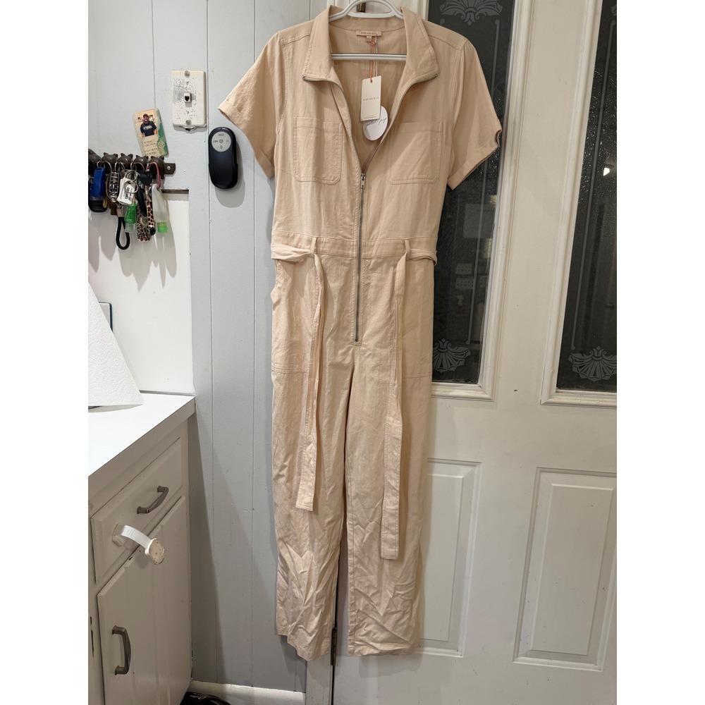 Petal + Pup Utility Waist Tie Jumpsuit Beige Short Sleeve Zip Front L
